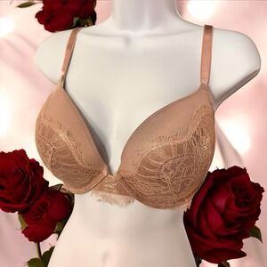 Victoria's Secret Dream Angels Lined Push Up Bra Gray With Gold Lace 34DDD